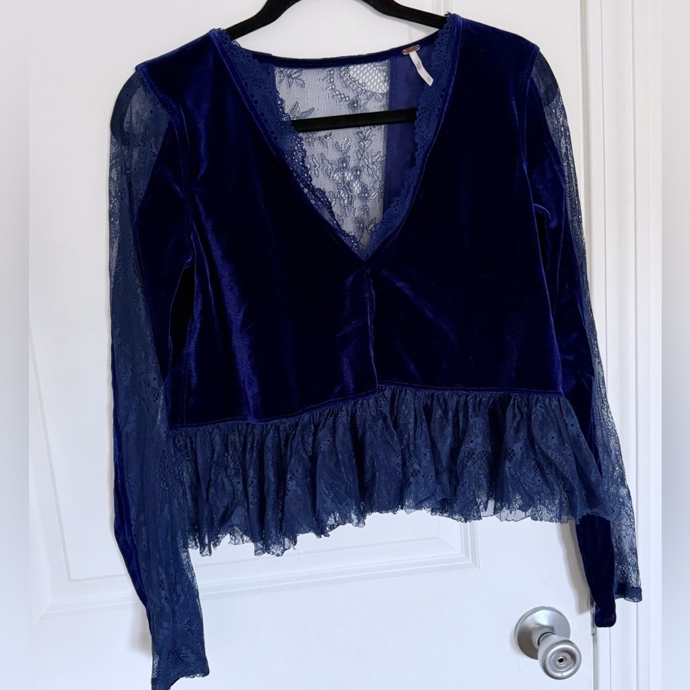 Free People Velvet Lacey Blouse in Dark Royal Blue